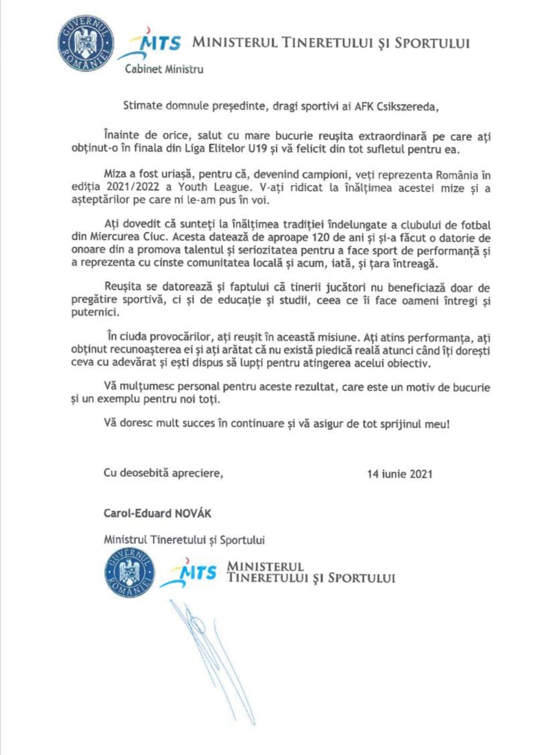 Levél a sportminisztertől